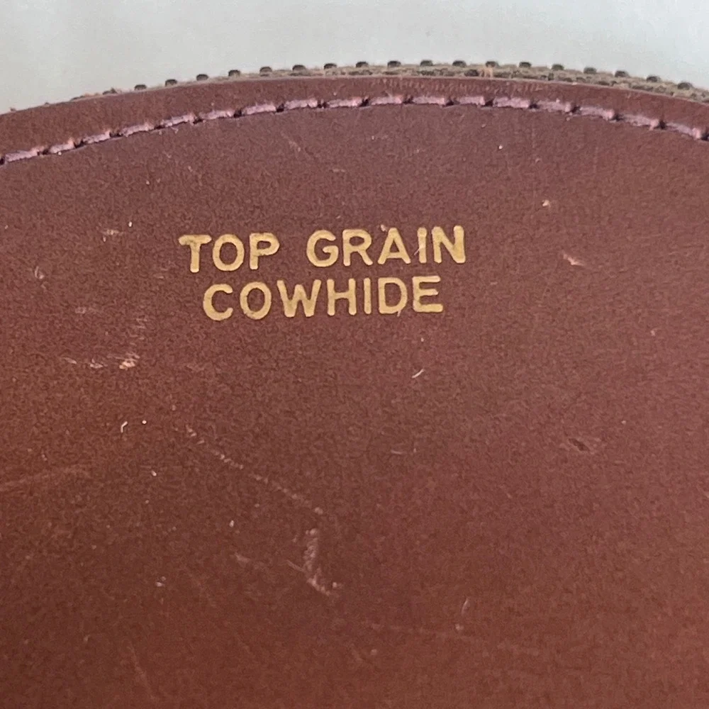 Vintage Brown Top Grain Cowhide Leather Coin Purse Oval Zip Pouch Talon Zipper
